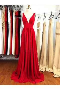 Long Red V Neck Prom Dresses Formal Evening Gowns 901060