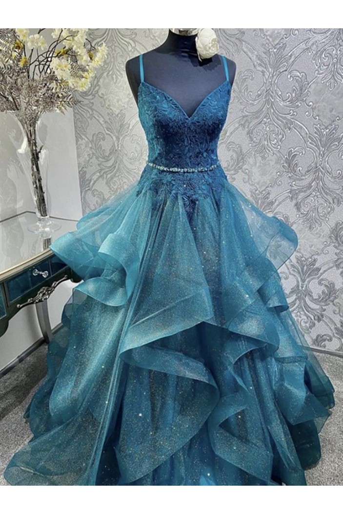 A-Line Lace and Tulle Long Prom Dresses Formal Evening Gowns 901064