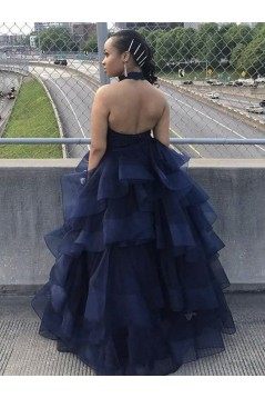 A-Line Lace and Tulle Long Navy Blue Prom Dresses Formal Evening Gowns 901065