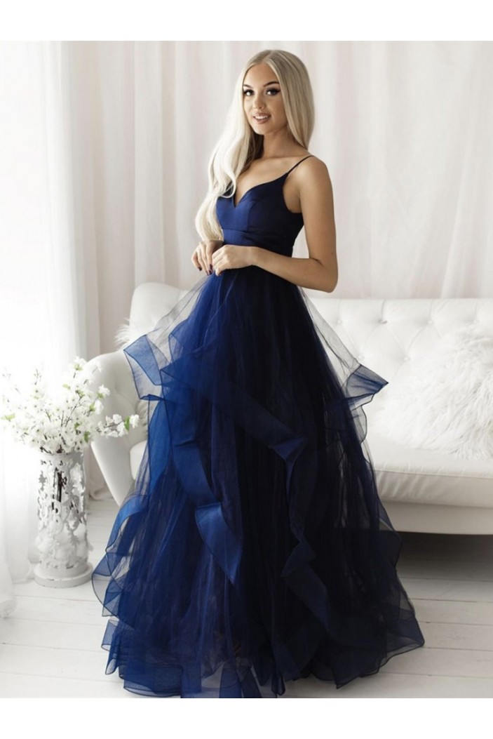 A-Line Navy Blue Long Tulle Prom Dresses Formal Evening Gowns 901068