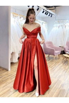 A-Line Long Off the Shoulder Satin Prom Dresses Formal Evening Gowns with Pockets 901069