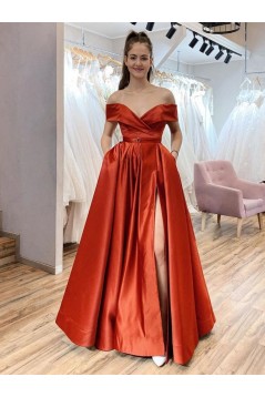 A-Line Long Off the Shoulder Satin Prom Dresses Formal Evening Gowns with Pockets 901069