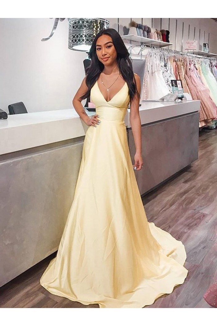 Long Yellow V Neck Prom Dresses Formal Evening Gowns 901080