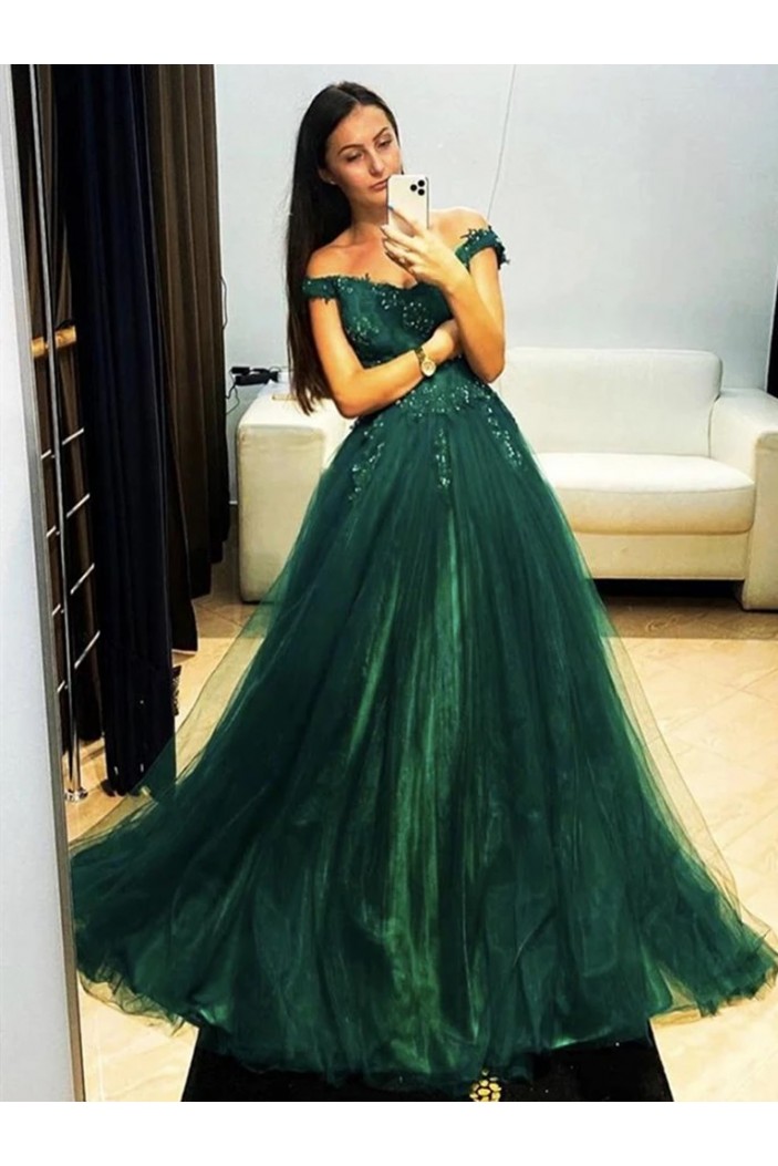 A-Line Lace and Tulle Beaded Long Prom Dresses Formal Evening Gowns 901081