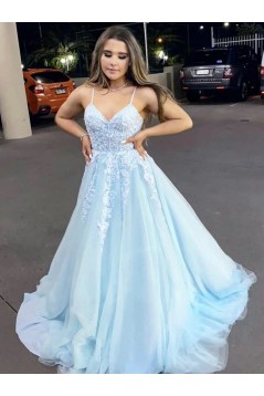 A-Line Long Blue Lace Prom Dresses Formal Evening Gowns 901084