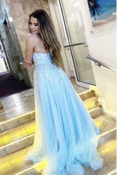 A-Line Long Blue Lace Prom Dresses Formal Evening Gowns 901084