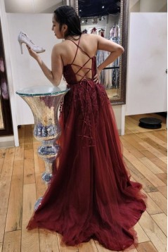 A-Line Lace and Tulle Long Prom Dresses Formal Evening Gowns 901096