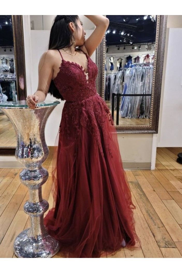 A-Line Lace and Tulle Long Prom Dresses Formal Evening Gowns 901096