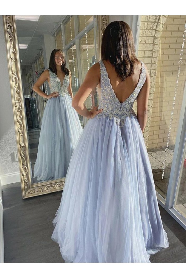 A-Line Lace and Tulle Long Prom Dresses Formal Evening Gowns 901098