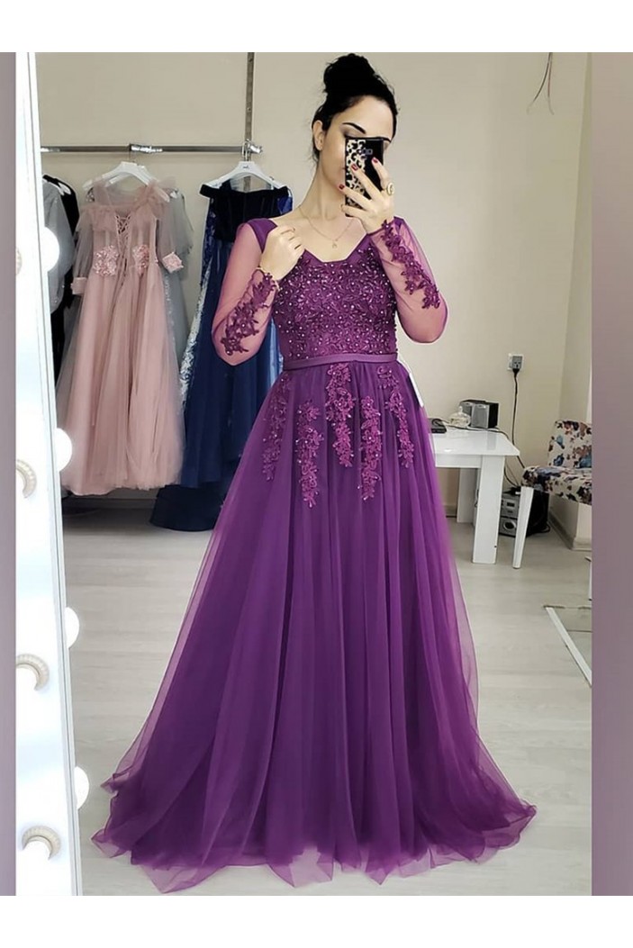 A-Line Long Purple Lace Long Sleeves Prom Dresses Formal Evening Gowns 901105