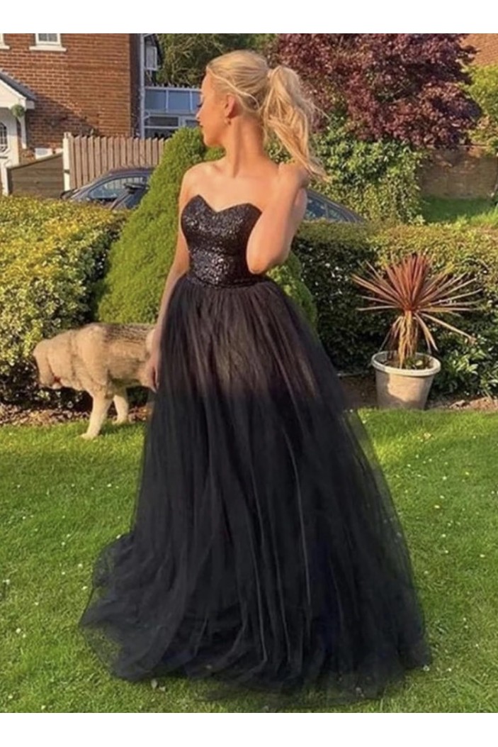 Long Black Sequins and Tulle Prom Dresses Formal Evening Gowns 901106