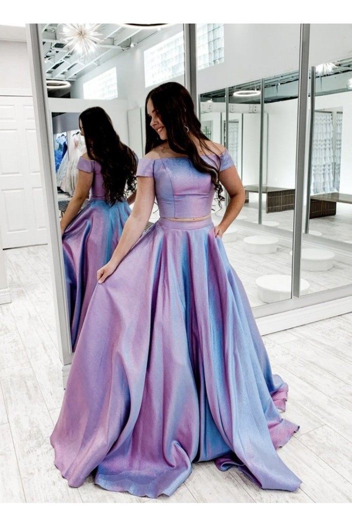 A-Line Off the Shoulder Two Pieces Long Prom Dresses Formal Evening Gowns 901110