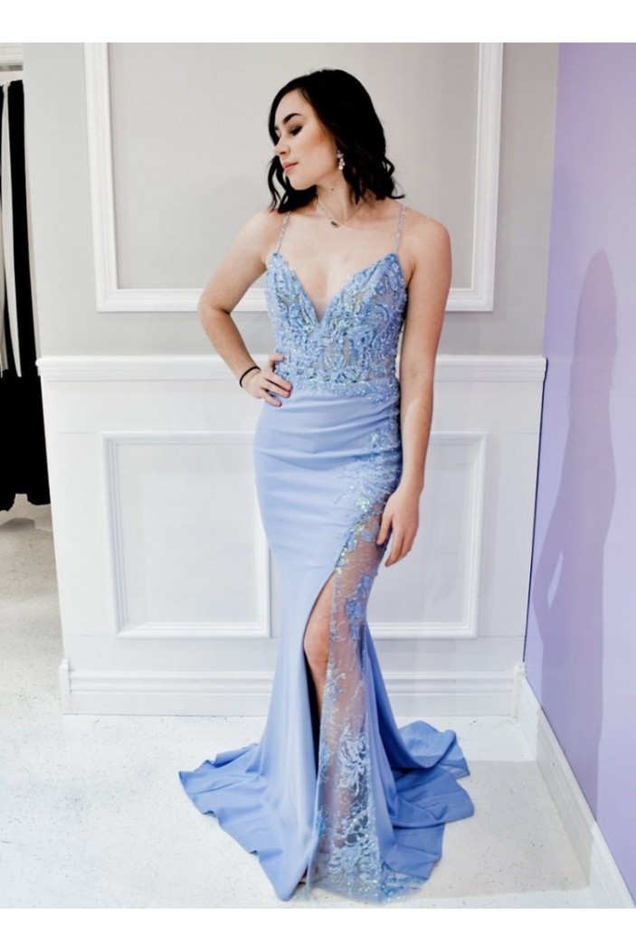 Mermaid Lace Spaghetti Straps Long Prom Dresses Formal Evening Gowns 901111