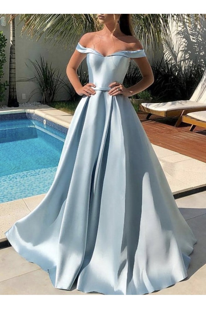 A-Line Off the Shoulder Satin Long Prom Dresses Formal Evening Gowns 901121