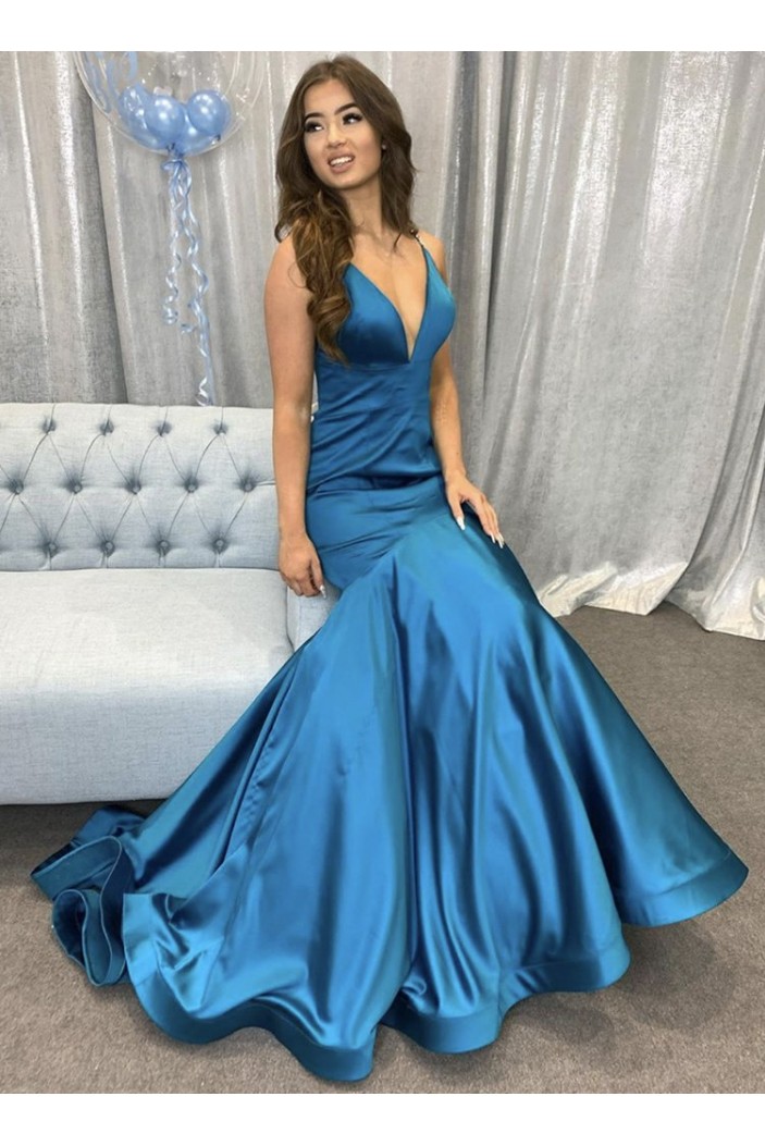 Mermaid Long Blue V Neck Prom Dresses Formal Evening Gowns 901123