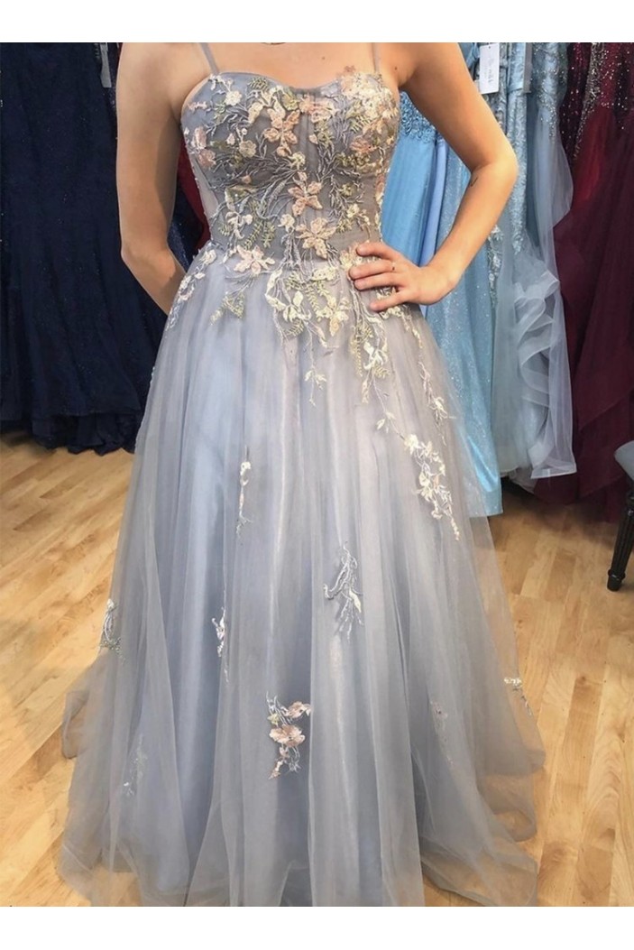 A-Line Tulle Lace Long Prom Dresses Formal Evening Gowns 901124