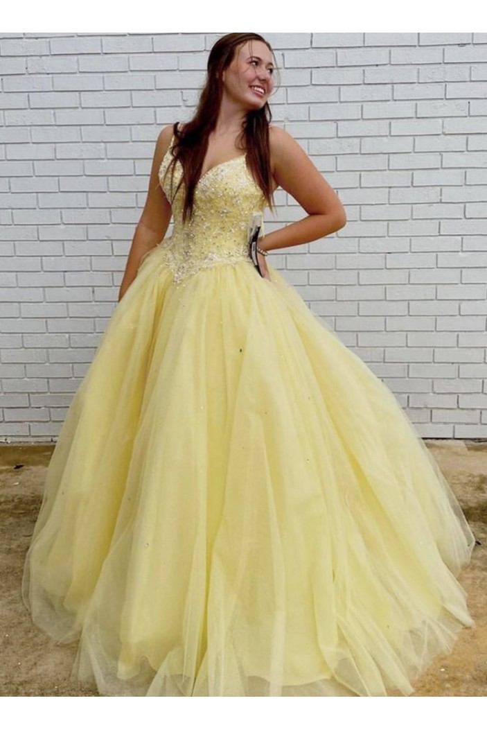 Long Yellow Tulle Beaded Prom Dresses Formal Evening Gowns 901125