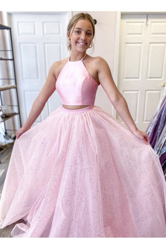 A-Line Two Pieces Sparkle Tulle Long Pink Prom Dresses Formal Evening Gowns 901136