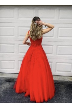 A-Line Long Red Lace and Tulle Beaded Prom Dress Formal Evening Gowns 901143