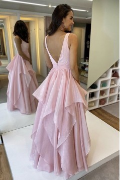 A-Line V Neck Long Pink Prom Dress Formal Evening Gowns 901172