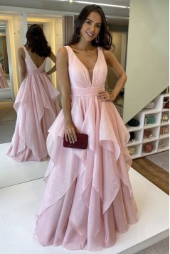 A-Line V Neck Long Pink Prom Dress Formal Evening Gowns 901172