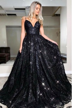 Long Black Lace Spaghetti Straps Prom Dress Formal Evening Gowns 901199