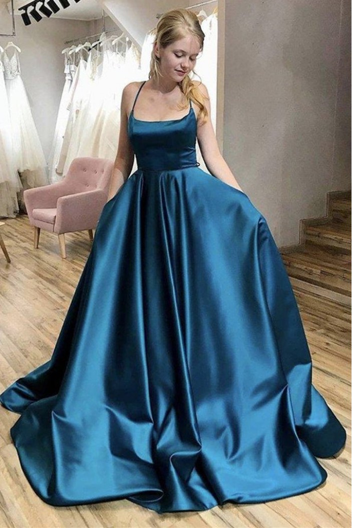 A-Line Satin Spaghetti Straps Prom Dress Formal Evening Gowns 901200