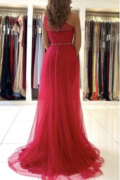 Long Red One Shoulder Lace and Tulle Prom Dress Formal Evening Gowns 901206