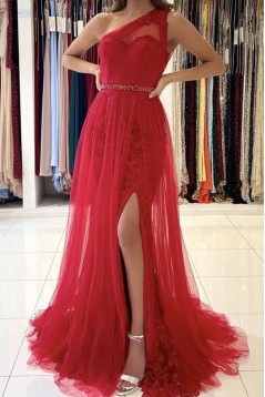 Long Red One Shoulder Lace and Tulle Prom Dress Formal Evening Gowns 901206