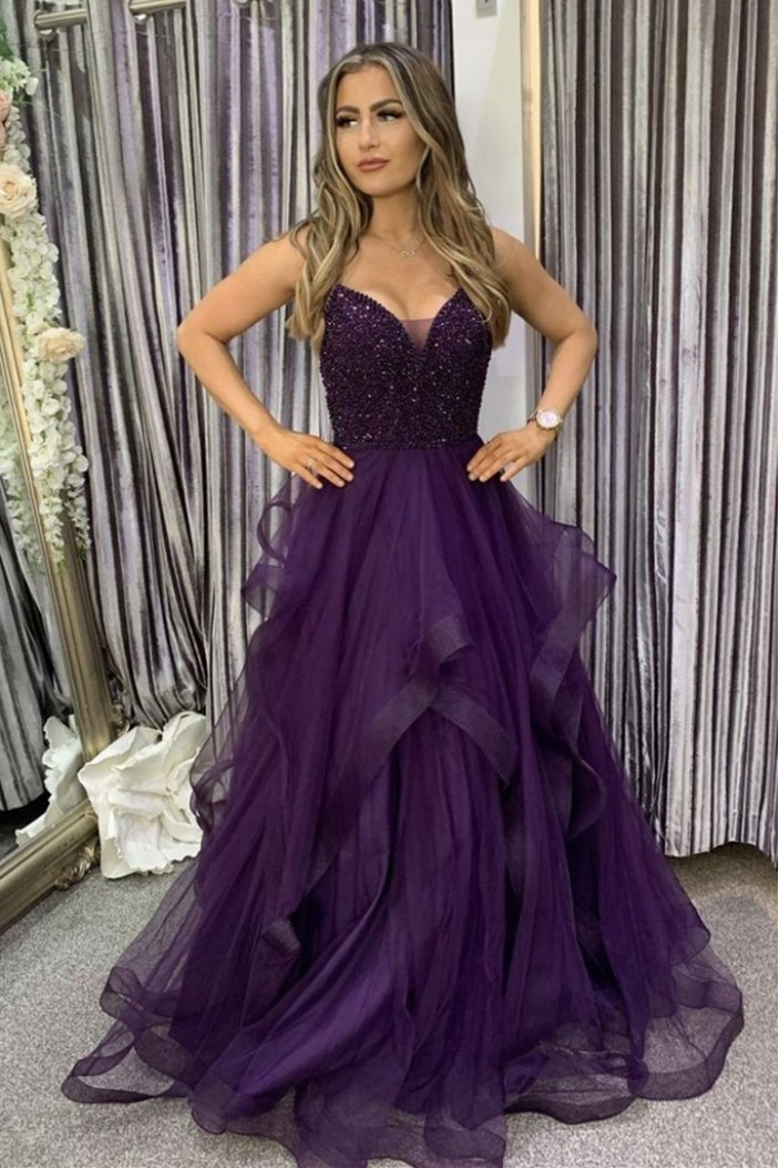 Long Beaded Purple Tulle Prom Dress Formal Evening Gowns 901207