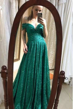 Long Green Sequin Off-the-Shoulder Prom Dress Formal Evening Gowns 901208