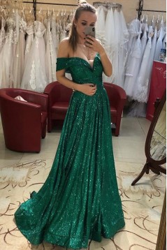 Long Green Sequin Off-the-Shoulder Prom Dress Formal Evening Gowns 901208
