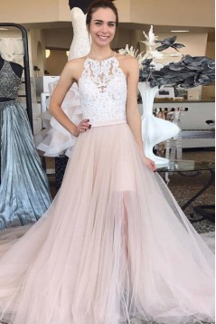 A-Line Lace and Tulle Long Prom Dress Formal Evening Gowns 901221