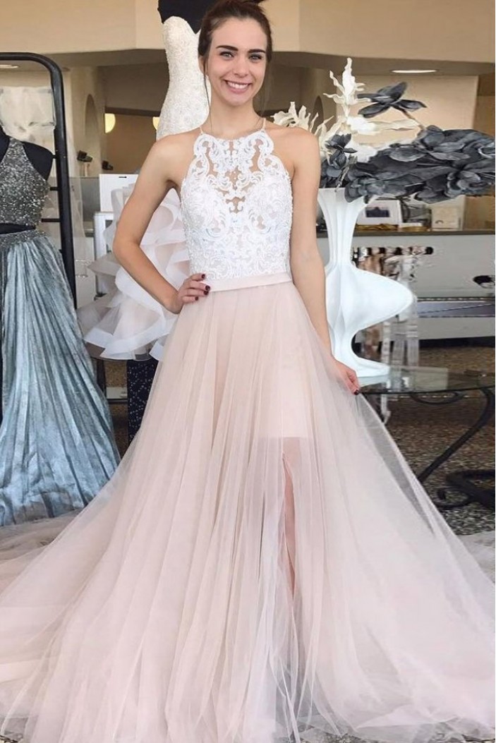 A-Line Lace and Tulle Long Prom Dress Formal Evening Gowns 901221