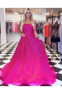 A-Line Strapless Sequin Tulle Long Prom Dress Formal Evening Gowns 901227