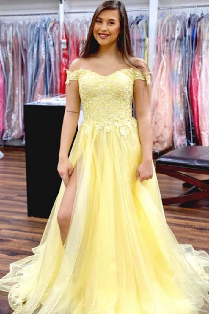 Long Yellow Lace Off the Shoulder Prom Dress Formal Evening Gowns 901229