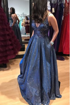 A-Line Long Blue Lace Sparkle Prom Dress Formal Evening Gowns 901231