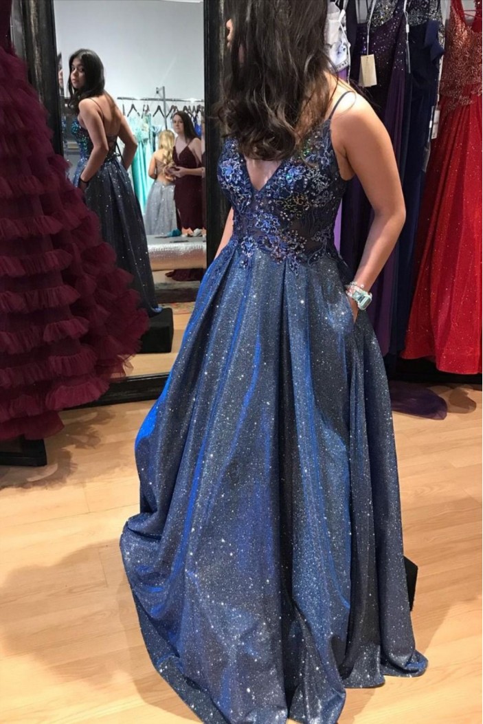 A-Line Long Blue Lace Sparkle Prom Dress Formal Evening Gowns 901231