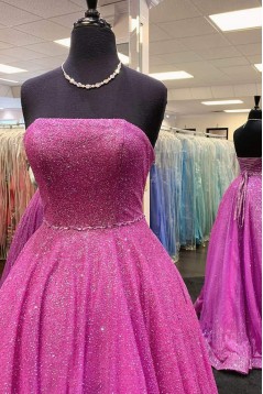 A-Line Strapless Sequin Tulle Prom Dress Formal Evening Gowns 901237