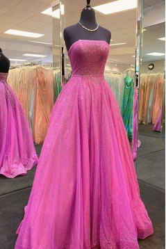 A-Line Strapless Sequin Tulle Prom Dress Formal Evening Gowns 901237