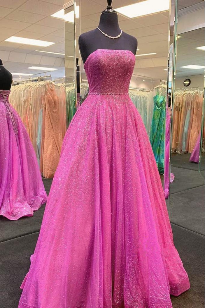 A-Line Strapless Sequin Tulle Prom Dress Formal Evening Gowns 901237