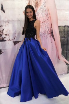 A-Line Long Royal Blue Prom Dress Formal Evening Gowns with Black Lace 901245