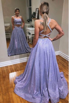 A-Line Sparkle Two Pieces Long Prom Dress Formal Evening Gowns 901252