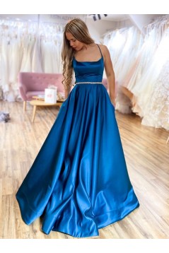 Long Blue Spaghetti Straps Satin Prom Dress Formal Evening Gowns 901254