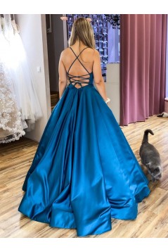 Long Blue Spaghetti Straps Satin Prom Dress Formal Evening Gowns 901254