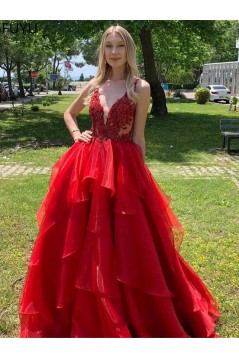 Long Red Lace Prom Dress Formal Evening Gowns 901256