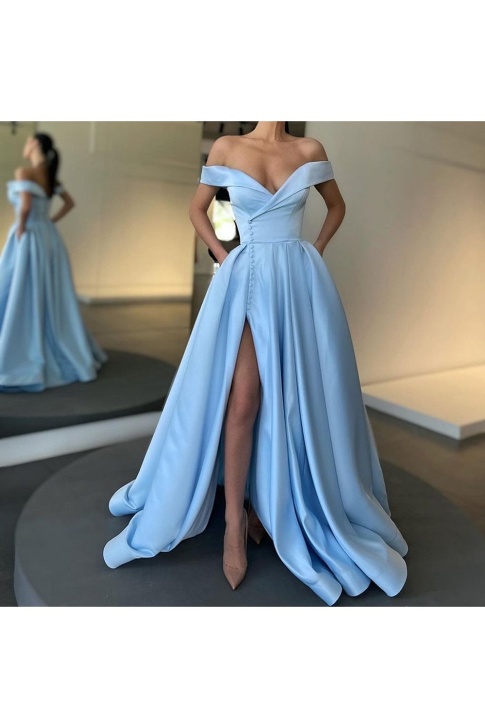 Elegant Long Blue Satin Off the Shoulder Prom Dress Formal Evening ...