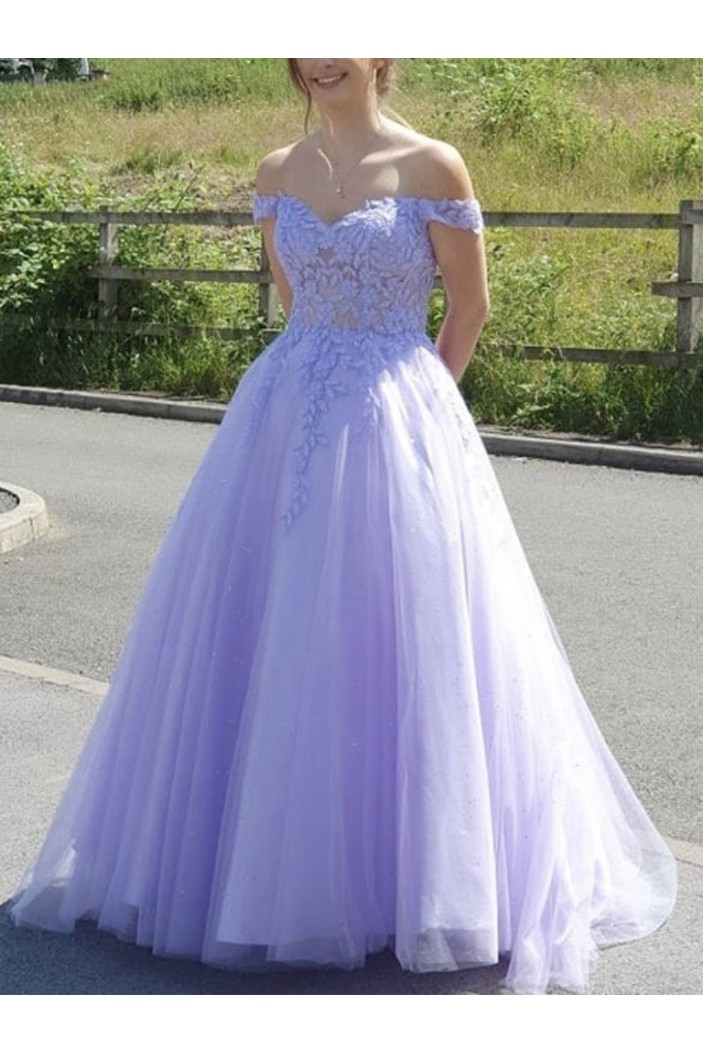 A-Line Lavender Lace and Tulle Long Prom Dress Formal Evening Gowns 901261