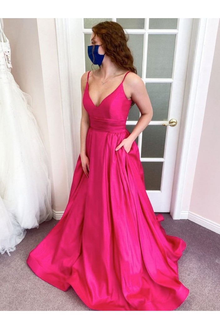 A-Line Long Satin V Neck Prom Dress Formal Evening Gowns 901262