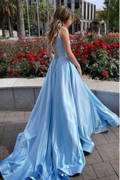 Long Blue Satin Prom Dress Formal Evening Gowns 901265